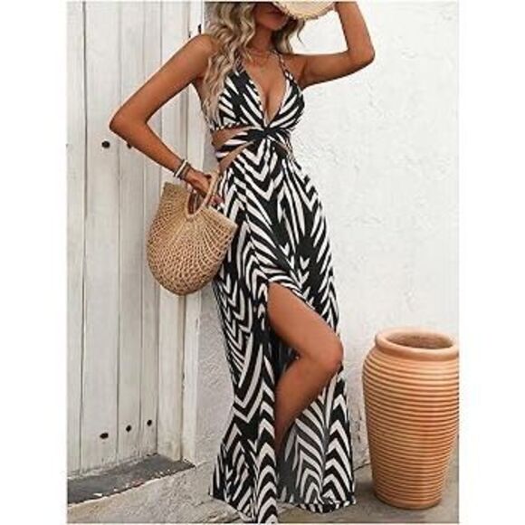 SHEIN Dresses & Skirts - Shein Navy Blue Nude Chevron Print Maxi Dress Cutout Top Sz XS/2 Vacation Resort